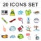 Ski resort and equipment cartoon icons in set collection for design. Entertainment and recreation vector symbol stock