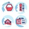 Ski resort icon set. Red cabin lift, Equipment rental, Hotel, mountain shelter, Ski pass.