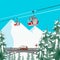 Ski resort in mountains with cable cars, bridge and coniferous trees