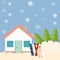 Ski resort. Mountains landscape, fir trees forest, house, colorful ski and snowboard. Flat winter wide illustration concept