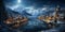 Ski resort in mountains at night, landscape of village, snow, sky and lake in winter on Christmas. Theme of travel, New Year