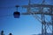 Ski resort panorama with cable car lift cabin. Snow mountain