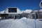 Ski resort panorama with cable car lift cabin. Snow mountain