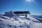 Ski resort panorama with cable car lift cabin. Snow mountain