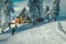 Ski resort panorama with snowy trees and active skiers, Romania