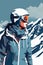 Ski resort poster woman close up, ski glasses on Winter season vacation in mountains concept