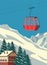 Ski resort with red gondola lift, chalet, winter mountain landscape, snowy slopes. Alps travel retro poster, vintage.