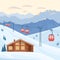 Ski resort with red ski cabin lift on cableway, house, chalet, winter mountain evening and morning landscape, snowy peaks.