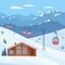 Ski resort with red ski cabin lift on cableway, house, chalet, winter mountain landscape, snowy peaks and slopes.