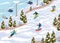 Ski resort with skiers, cable cars, ski lifts, vector illustration. Winter holidays and sport activity. Winter season