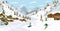 Ski resort with skiers, cable cars, ski lifts, vector illustration. Winter holidays and sport activity. Winter season