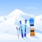 Ski resort. Skiing and snowboard on hillside and mauntins landscape. Extreme activity banner. Vector