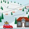 Ski resort snow mountain landscape, skiers on slopes, ski lifts, a house, a car with the ski equipment pulls up to the resort. Vec