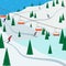 Ski resort snow mountain landscape, skiers on slopes, ski lifts. Winter landscape with ski slope covered with snow, trees and moun