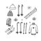 Ski set hand drawn in scandinavian style. skis, sticks, hat, scarf, sweater, snowflakes