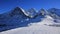 Ski slope and snow covered mountaind Eiger, Monch, Lauberhorn an