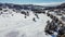 Ski slope and trees covered in snow, drone aerial view in winter