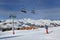 Ski slopes in french alps resort and chair lift