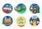 Ski or Snowboard Resort Icons Collection. Vector Circle Banners of Snowboarding Instructor, Mountains, Ski Bus, Alpine