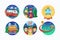 Ski or Snowboard Resort Icons Collection. Vector Circle Banners of Snowboarding Instructor, Ski Bus, Globe, Alpine Hotel