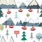Ski sport and mountains seamless pattern with trees and elevator