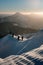 ski tour group of people walks at range of the mountain Marmaros in the Carpathian mountains. Ski touring and freeride