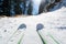 Ski tourer ascending a snowy road through forest.