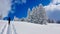 Ski tourer in idyllic winter winterlandscape deeply covered in snow. Laterns, Vorarlberg, Austria.