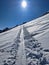 ski touring trail on the gemsfairenstock near toedi and the clariden mountain. Powder snow in the mountains. skimo