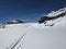 Ski touring trail on the glacier. Exceeding the Clariden firn. High ski tour in uri switzerland. Skimo