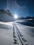 ski touring trail on the mountain mutteristock in Switzerland. Beautiful slope in deep snow. Ski mountaineering, skimo