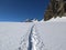 ski touring trail in the mountains. Alps in Europe, Switzerland. Ski mountaineering on the Clariden Glaurs, Glacier Firn