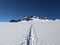 ski touring trail in the mountains. Alps in Europe, Switzerland. Ski mountaineering on the Clariden Glaurs, Glacier Firn
