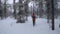 Ski touring - woman with skis in snowy winter forest