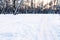 Ski tracks on surface snow-covered meadow in park