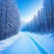 Ski trail in receding perspective in a snowy landscape with a blue
