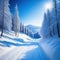 Ski trail in receding perspective in a snowy landscape with a blue