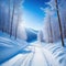 Ski trail in receding perspective in a snowy landscape with a blue