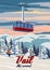 Ski Travel resort poster vintage Vail. Colorado USA winter landscape travel card