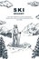 Ski winter resort travel poster, banner. Vector hand drawn sketch illustration. Skier on top of mountain background