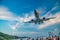 Skiathos, Greece - July 5, 2023: Airplane arriving at Skiathos airport