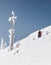 Skier in the backcountry of a snowy mountain landscape near Rossland Range, Canada