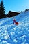 Skier and bobsleigh in Swiss Alps