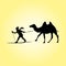 Skier and camel. Desert silhouettes, illustration of human pulling animal.