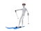 Skier character with red ski giggles and blue skis doing a slight turn