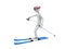 Skier character with red ski giggles and blue skis doing a slight turn - side view