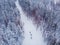 Skier cross-country skiing in snow forest. Winter competition concept. Aerial top view