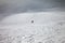 Skier downhill on freeride slope and overcast misty sky before b