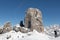 Skier in front of the Cinque Torri peaks