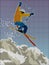 Skier jumping with mountain composed of pixels